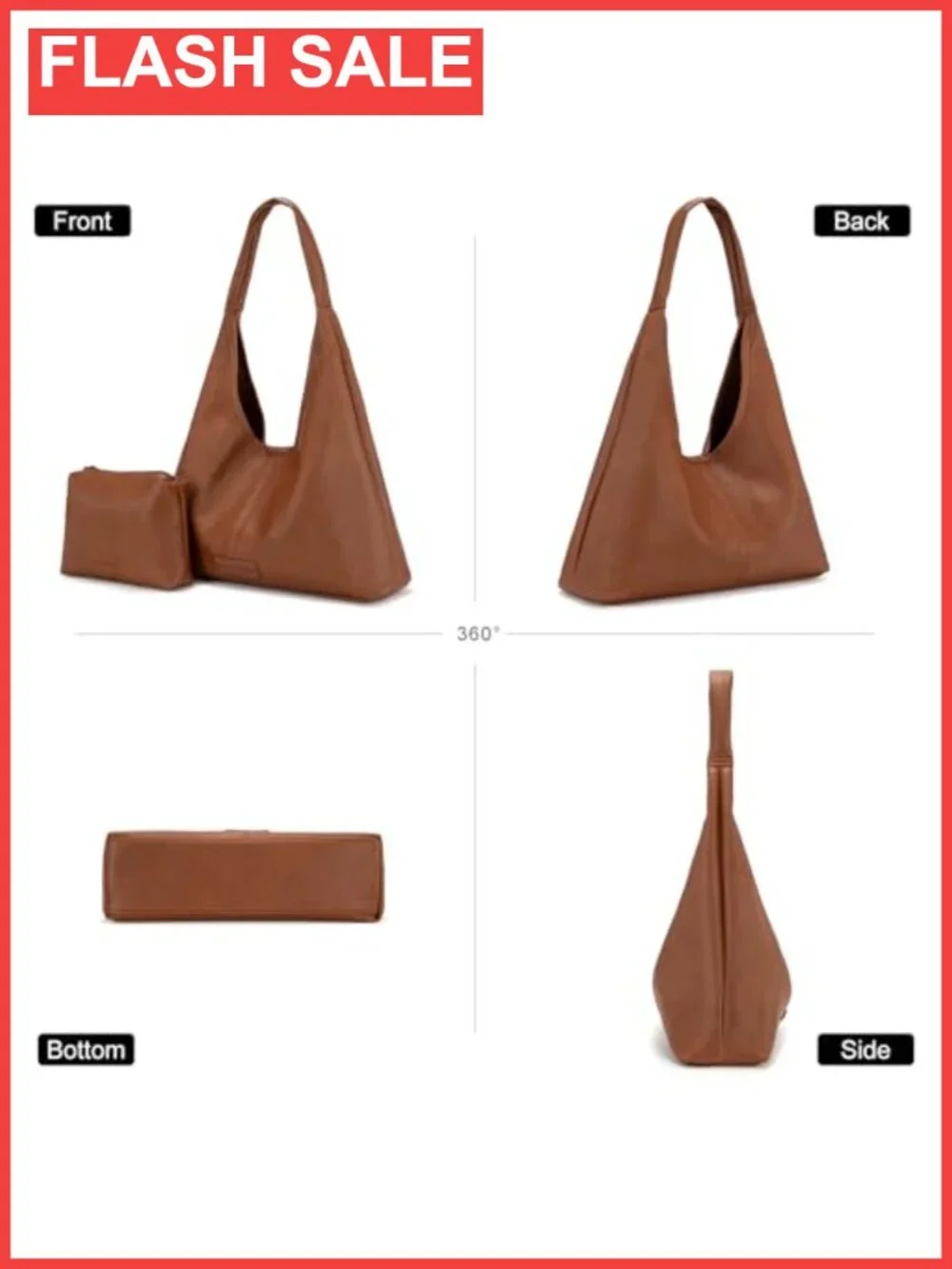 Soft PU Leather Slouchy Hobo Shoulder Bag Tote with Pouch
